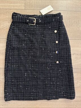 Sheridan French Black Tweed Belted Pencil Skirt with Gold Accent Buttons NWT